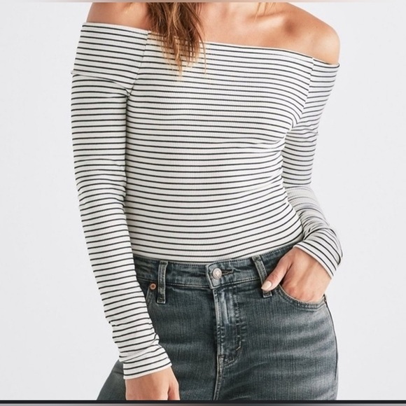 Lucky Brand Stripe Off Shoulder Ribbed Top Long Sleeve Criss Cross Back Size XS - Picture 7 of 7